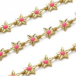 Fuchsia Brass Link Chains, with Enamel, Spool, Long-Lasting Plated, Unwelded, Star, Golden, Fuchsia, Link: 9x6.1x1.5mm