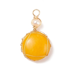 Белый Нефрит Естественно окрашенные белый нефрит кулоны, с золотистой медной проволокой и натуральным культивированным пресноводным жемчугом, овальные, 34x21x8 мм, отверстие : 3.7 мм