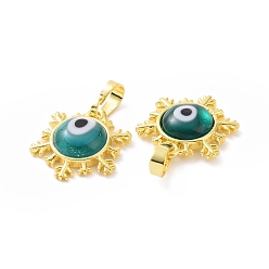 Medium Turquoise Handmade Evil Eye Lampwork Pendants, with Real 18K Gold Plated Tone Brass Findings, Snowflake Charm, Medium Turquoise, 15x16x4mm, Hole: 4x6.5mm