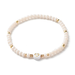 Creme-weiß Glasperlen Armbänder strecken, mit Acryl- & Messingperlen, flach rund mit Herzmuster, creme-weiß, Innendurchmesser: 2-1/4 Zoll (5.7 cm)