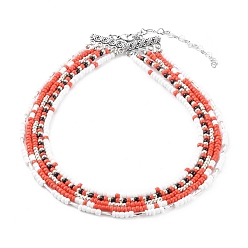 Red Round Seed Beads Multi-strand Necklaces, Multi Layered Necklaces, with Alloy Chandelier Links, Antique Silver, Red, 13.58 inch(34.5cm)