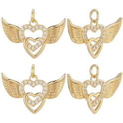 Настоящее золото 18K 8 кулоны из латуни с микрочастицами и кубическим цирконием., крыло и сердце, с целью перехода в кольце, реальный 18 k позолоченный, 15.2x24x3 мм, отверстие : 3.2 мм