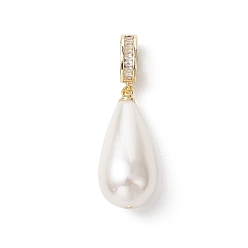 Белый Подвески в форме капли из жемчуга, покрытого гальваническим покрытием, с латунными микропаве и прозрачными фианитами в качестве застежек., золотые, белые, 24x10.5 мм, отверстие : 6.5x4 мм