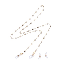 White Eyeglasses Chains, Neck Strap for Eyeglasses, with Round Synthetic Turquoise Beads, Brass Cable Chains, 304 Stainless Steel Lobster Claw Clasps and Rubber Loop Ends, Golden, White, 30.90 inch~31.29 inch(78.5~79.5cm)