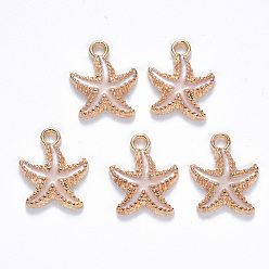 White Alloy Enamel Pendants, Starfish, Light Gold, White, 18x15x3mm, Hole: 2.5mm