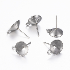 Stainless Steel Color Non-Tarnish 304 Stainless Steel Stud Earring Settings, with Loop, Flat Round, Stainless Steel Color, Tray: 10mm, 13x10mm, Hole: 1.2mm, Pin: 0.8mm