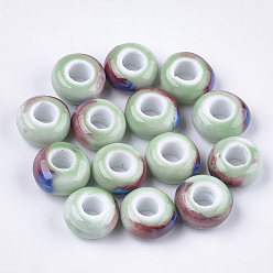 Аквамарин Фарфоровые бусины ручной работы, фантазии античного стекла фарфора, бусины с большим отверстием, рондель, аквамарин, 15x8 мм, отверстие : 6 мм