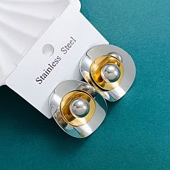 Golden & Stainless Steel Color Two Tone 304 Stainless Steel Stud Earrings for Women, Flat Round, Golden & Stainless Steel Color, 30.5x25mm