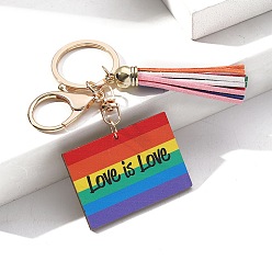 Rectangle Деревянные брелки, украшения для сумок и кошельков, гордость цвета радуги, прямоугольные, 11x4.5 см
