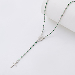 Green Vintage Resin Rosary Bead Necklaces, 304 Stainless Steel Religion Cross Virgin Pendant Necklaces for Women Men, Silver Color Plated, Green, 17.72 inch(45cm)