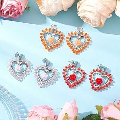 Mixed Color 3Pairs Alloy Glass Stud Earrings, Heart with Rose, Mixed Color, 36.5x32mm