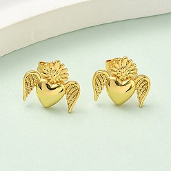 Золотой Серьги-гвоздики из латуни в форме сердца с крыльями, стойки покрытие, долговечный, без кадмия и без свинца, золотые, 12x13.5 мм