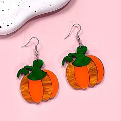 Naranja Oscura Pendientes colgantes de acrílico con estampado de hierro, calabaza, con polvo del brillo, Platino, naranja oscuro, 40x38 mm