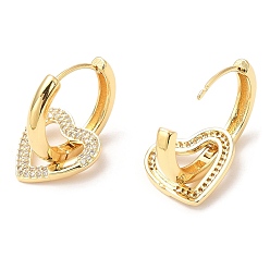 Real 18K Gold Plated Rack Plating Brass Heart Dangle Hoop Earrings with Cubic Zirconia, Lead Free & Cadmium Free, Real 18K Gold Plated, 28.5mm