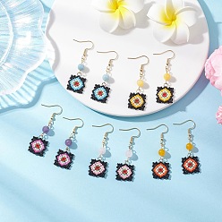 Смешанные камни Серьги-подвески ручной работы из стеклянных бусин с узором «окно-решетка», со смешанными каменных бус, золотые, 51.5x16.5 мм