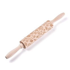 Flower Wooden Rolling Pin, Engraved Embossing Rolling Pin, for Baking Embossed Cookies, Kitchen Tool, BurlyWood, Floral Pattern, 35x4cm