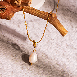 Золотой Простые и элегантные ожерелья с подвеской из натурального пресноводного жемчуга «картошка», 304 Женские ожерелья из нержавеющей стали на ключицу, цветочный белый, золотые, 16.34 дюйм (41.5 см)