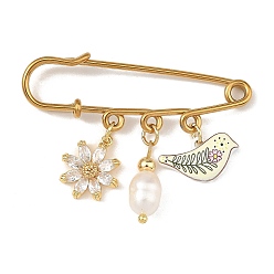 Oro 304 broche de acero inoxidable para falda escocesa, clips para bufandas de suéter, con 304 forma de pájaro de acero inoxidable y forma de flor de circonita cúbica micro pavé de latón y perla cultivada natural de agua dulce, dorado, 35 mm