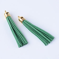 чирок Искусственные замши кисточкой подвесные украшения, с концами пластмассового шнура ccb, золотые, зелено-синие, 84~89x11.5~12 мм, отверстие : 2.5 мм
