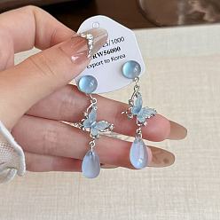Light Blue Alloy & Glass Teardrop Stud Earrings, Acrylic Butterfly Dangle Earrings for Women, Platinum, Light Blue, 50mm