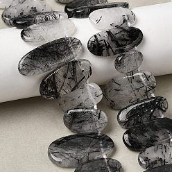Кварц Турмалинизации  Натуральный турмалированный кварц / черный рутиловый кварц, Плоско-овальные, Топ пробуренной, 15~46x9~24x4~6 мм, отверстие : 1.5 мм, около 28~30 шт / нитка, 15.94'' (40.5 см) ~ 16.34'' (41.5 см)