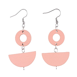 Pink Расписные деревянные серьги с подвесками, с обручем из нержавеющей стали, кольцо и половина раунда, розовые, 64.6 мм, штифты : 0.7 мм