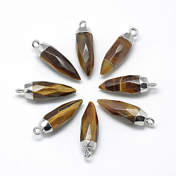 Тигровый глаз Естественно тигровый глаз отметил кулоны, с латунной фурнитурой , граненые, пуля, платина, 25~27x8 мм, отверстие : 2 мм
