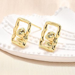 Золотой Латунь серьги, прямоугольник с рисунком розы, золотые, 14x10 мм