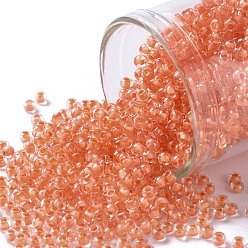 (964) Inside Color Crystal/Dark Coral Lined Toho 11/0 runde Perlen, japanische Rocailles, (964) Innenfarbe Kristall / dunkle Koralle ausgekleidet, 2.2 mm, Bohrung: 0.8 mm, über 1110pcs / Flasche, 10 g / Flasche