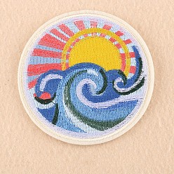 Colorful Computerized Embroidery Cloth Iron on/Sew on Patches, Costume Accessories, Appliques, Flat Round with Sea Wave, Colorful, 80mm
