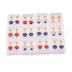 Mixed Color 304 Stainless Steel Evil Eye Earlobe Plugs, Screw Back Earrings, with Plastic, Golden, Mixed Color, 12.5mm, Pin: 1mm