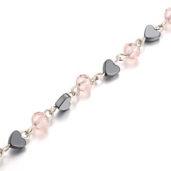 Pink Glass Beads Double Link Chains for Necklaces Bracelets Making, with Non-Magnetic Hematite Beads and Iron Eye Pin, Unwelded, Pink, 39.3 inch