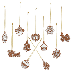 Coconut Brown Christmas Theme Plastic Pendant Decorations, with Rope, Mixed Shapes, Coconut Brown, 28~51x23~44x3.5~4mm, Hole: 3mm, 11pcs/set
