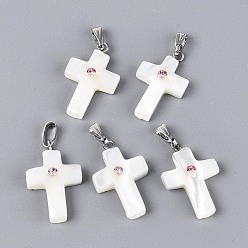 Морская Ракушка Подвески из натуральных ракушек trochus, Религиозные крестики-подвески с розовыми стразами и железными защелками., платина, цвет морской раковины, 23~24x14.5~16.5x4~4.5 мм, отверстие : 6x2.5 мм