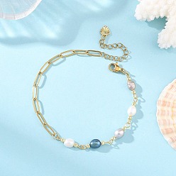 Coloré Bracelets en perles de riz naturelles avec chaînettes en acier inoxydable de type trombone, or, mélangé teint et non teint, colorées, 304 pouce (7.56 cm)