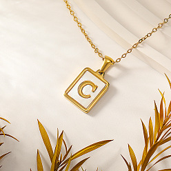 Letter C Прямоугольник 304 ожерелья с инициалами из нержавеющей стали с натуральным белым ракушечником для женщин, реальный 18 k позолоченный, буква С, 15.75 дюйм (40 см)