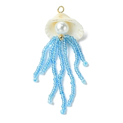 Темно-Голубой Подвески из натуральной ракушки, стеклянного жемчуга и стеклянных бусин, медузы прелести, глубокое синее небо, 72x26x12 мм, отверстие : 3 мм