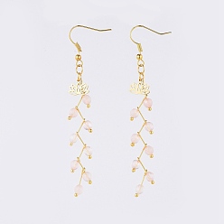 Розовый Кварц Естественно выросли болтаться серьги кварцевые, с 304 подвесками из цветов лотоса из нержавеющей стали, латунные серьги и крючки, с картонной упаковочной коробкой, 75 мм , штифт: 0.6 мм