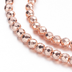Rose Gold Plated Electroplate Non-magnetic Synthetic Hematite Beads Strands, Faceted(64 Facets), Round, Rose Gold Plated, 3mm, Hole: 0.7mm, about 135pcs/strand, 15.7 inch