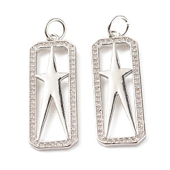 Платина Латунные микропаве прозрачные подвески с фианитом, без кадмия и без свинца, прямоугольник со звездой, платина, 31x10x2 мм, отверстие : 3.5 мм