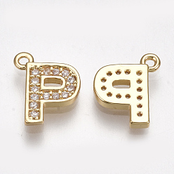 Letter P Brass Cubic Zirconia Charms, Letter, Clear, Real 18K Gold Plated, Letter.P, 10x8x1.5mm, Hole: 1mm