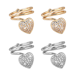 Platinum & Light Gold 4 шт. 2 цветные латунные кольца с микропаве из кубического циркония для женщин, сердце, платина и светлое золото, внутренний диаметр: 10.5 мм, 2 шт / цвет