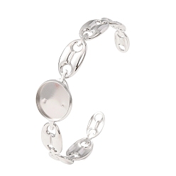 Stainless Steel Color 304 Stainless Steel Coffee Bean Chain Cuff Bracelet Blanks with Flat Round Bezel Settings, Stainless Steel Color, Tray: 16mm,  Inner Diameter: 1.85x2.36 inch(4.7x6cm)