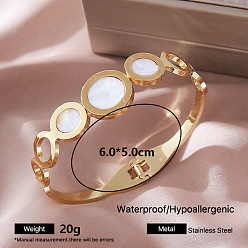 Flat Round Vintage 304 Stainless Steel Open Hinged Cuff Bangles with Natural White Shell for Women, Golden, Flat Round, Inner Diameter: 2.36 inch(6cm)
