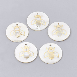 Золотой Подвески из пресноводных оболочек, с латунной фурнитурой , плоские круглые с пчелой, золотые, 22.5~23x1.5~2 мм, отверстие : 1.5 мм