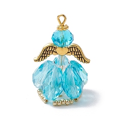 Темно-Голубой Граненые подвески стекла, ангельское очарование, с крылом из античного золотого сплава и золотой железной петлей, стеклянными жемчужными бусинами и стеклянными бусинами, глубокое синее небо, 31x20x20 мм, отверстие : 2 мм