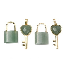 Green Aventurine Natural Green Aventurine Beaded Pendants, Lock and Key Charms, with Golden Brass Findings, 31.5~32.5x20~20.5x7.5mm, Hole: 11x12mm
