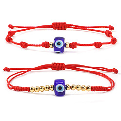 Красный 2 Браслеты из плетеных бусин из стекла и латуни, плетеные браслеты из вощеного шнура для женщин, Колонна с дурным глазом, золотые, красные, 11.02 дюйм (28 см)