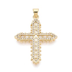 Настоящее золото 18K Латунные микропаве прозрачные подвески с фианитом, крест прелести, реальный 18 k позолоченный, 33x25.5x2.5 мм, отверстие : 4.5x3.5 мм