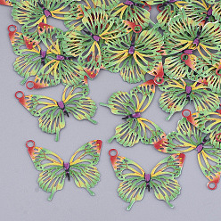 Lime Green Printed Brass Pendants, Etched Metal Embellishments, Butterfly, Lime Green, 16.5x19x0.3mm, Hole: 1.5mm